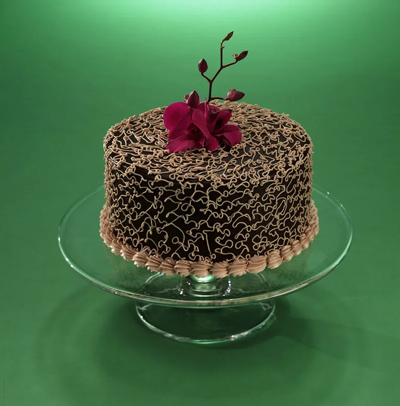 Chocolate decorated cake with an orchid on top