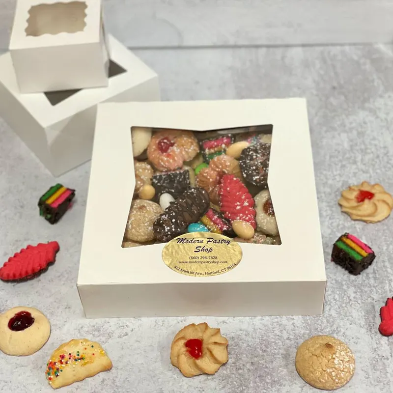 The familiar gold label on Modern Pastry’s cookie box